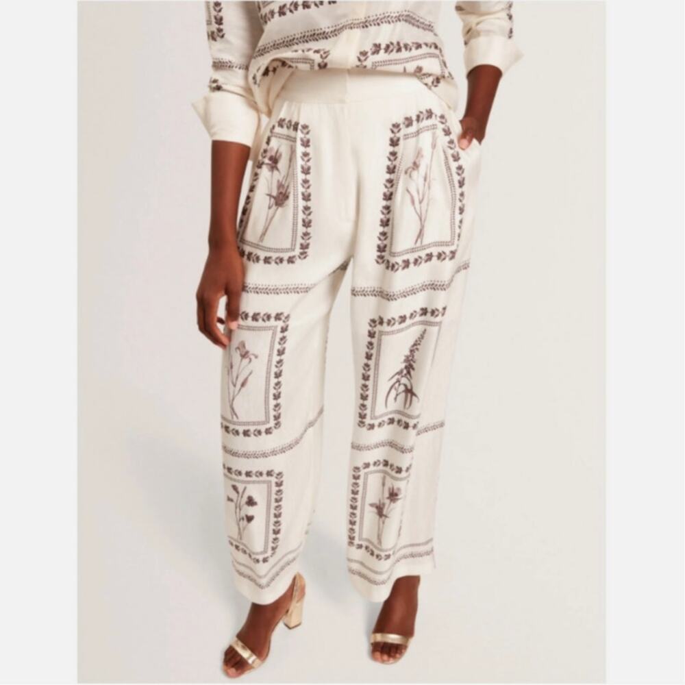 Ted Baker Ivory ORNITHA Panel Print Silk Linen Wide Leg Trousers Size US 4